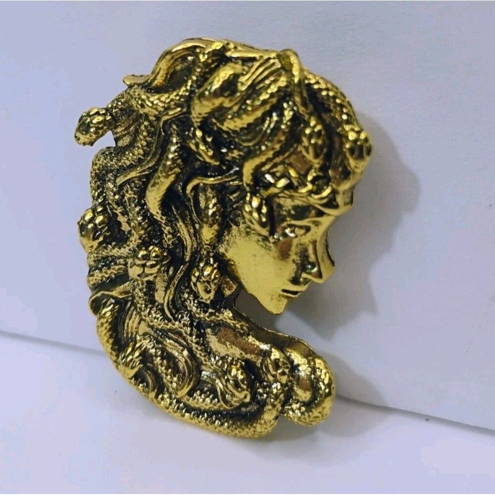 Golden Medusa Brooch Greek Mythology Snake Woman Pin & Pendant Necklace Charm - Picture 7 of 8